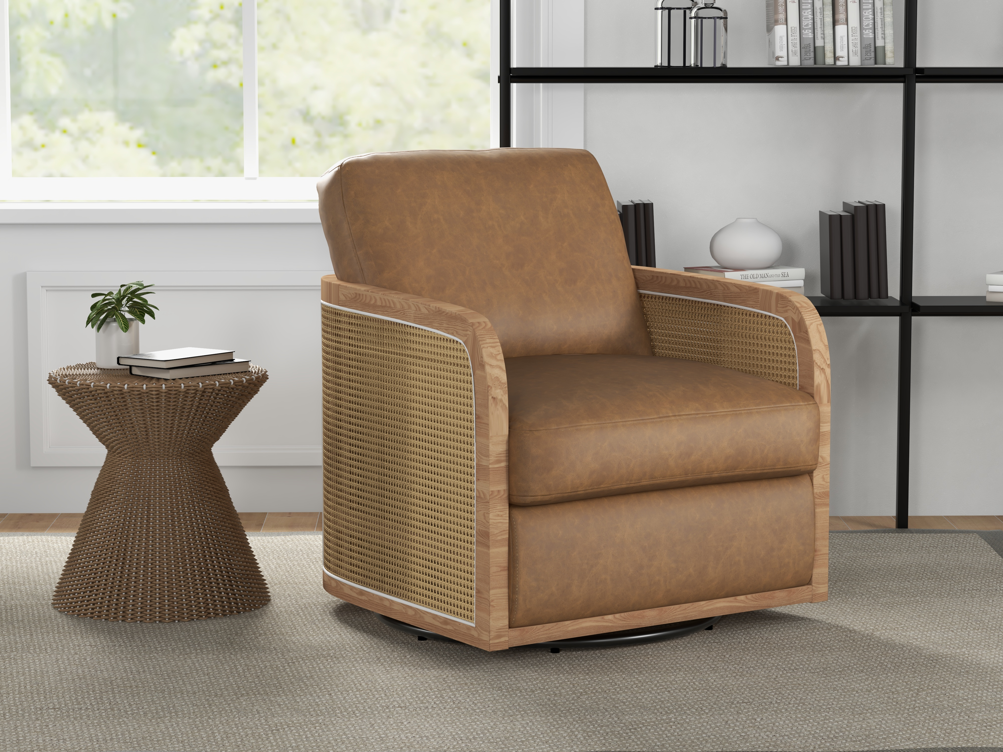 textured leather upholstered swivel lounge with wicker accent