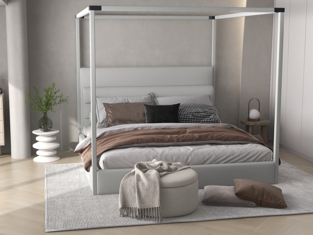 Kuka Home furnishing upholstered canopy bed with white horizontal headboard