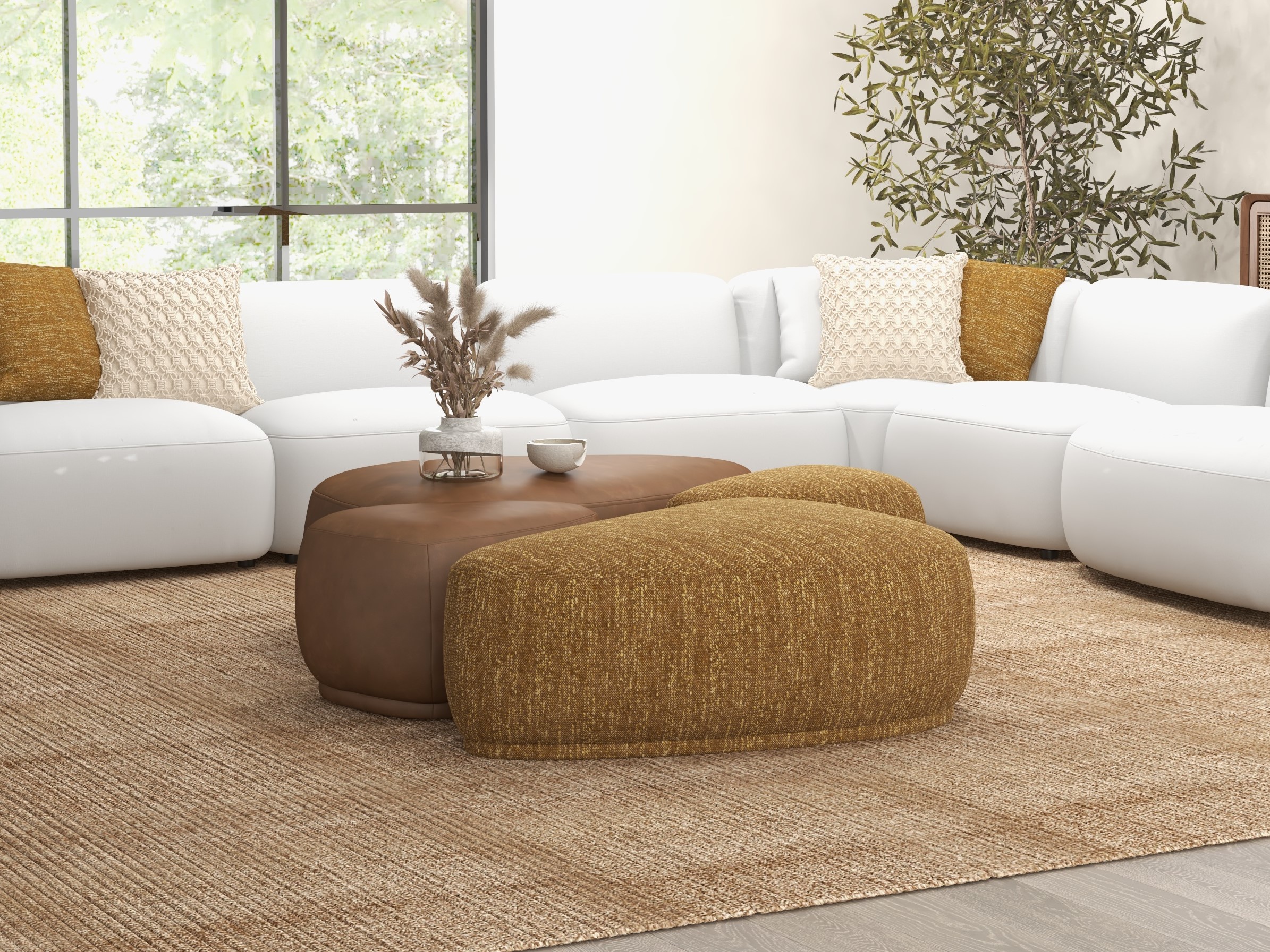 leather and fabric mixed multiple piece ottoman 