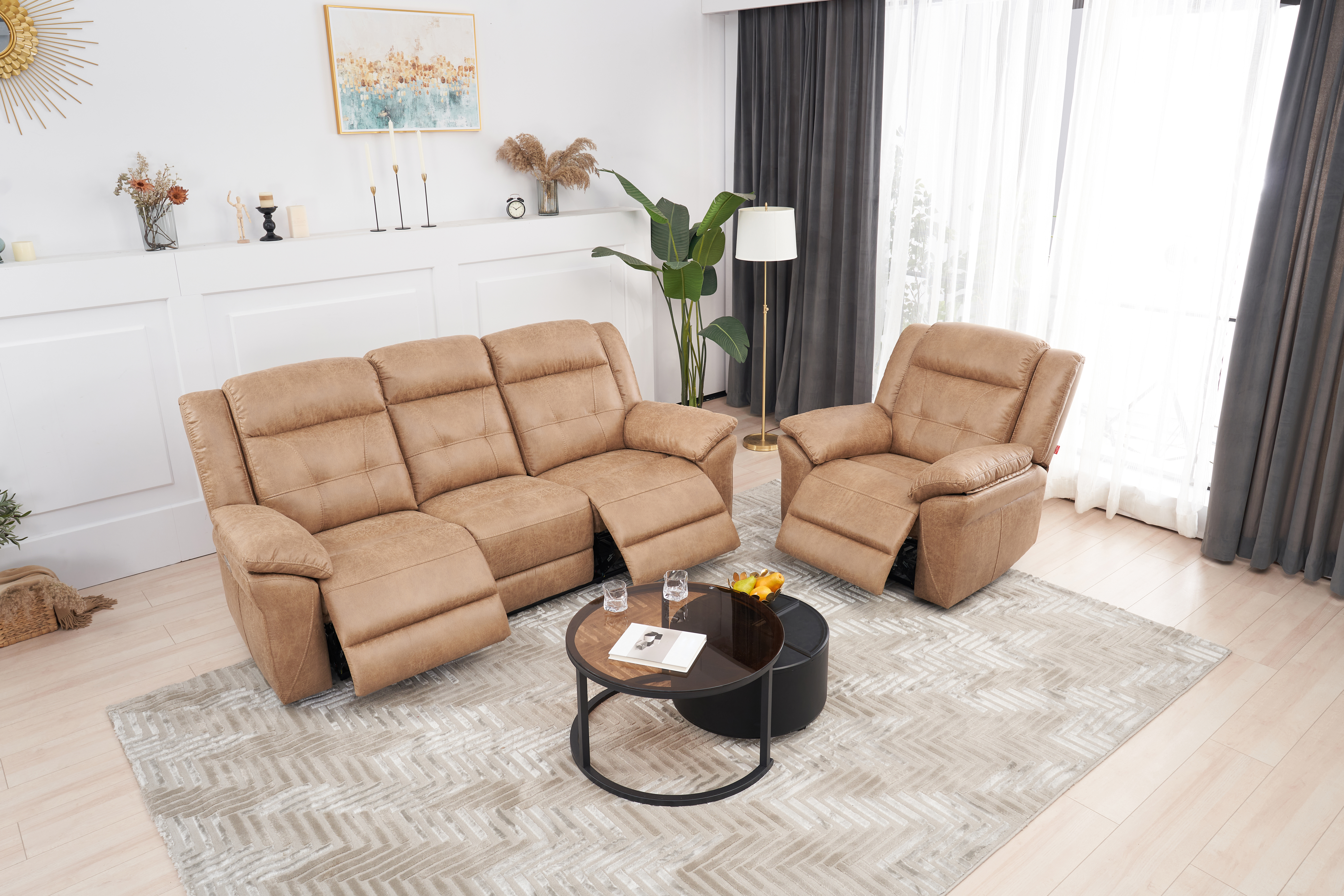 Relax Avenue light tan leather reclining sofa and recliner set