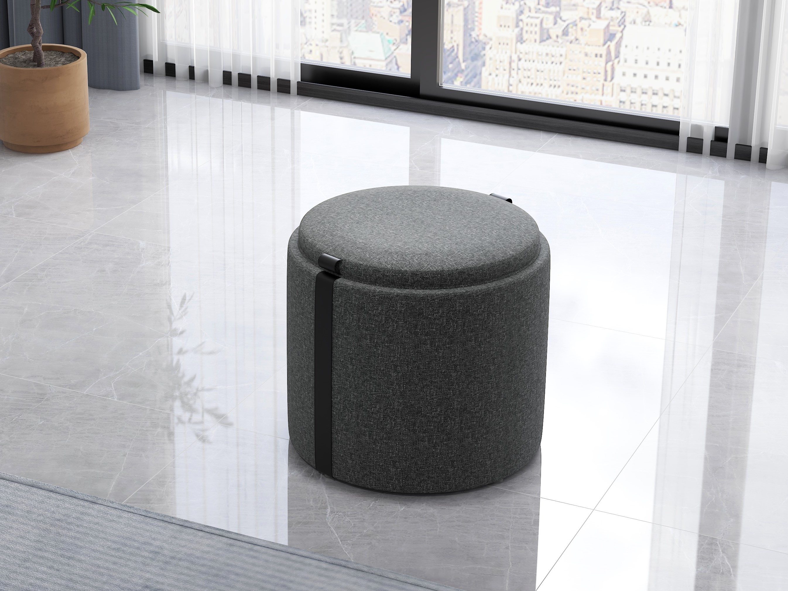 grey upholstered fabric accent stool 