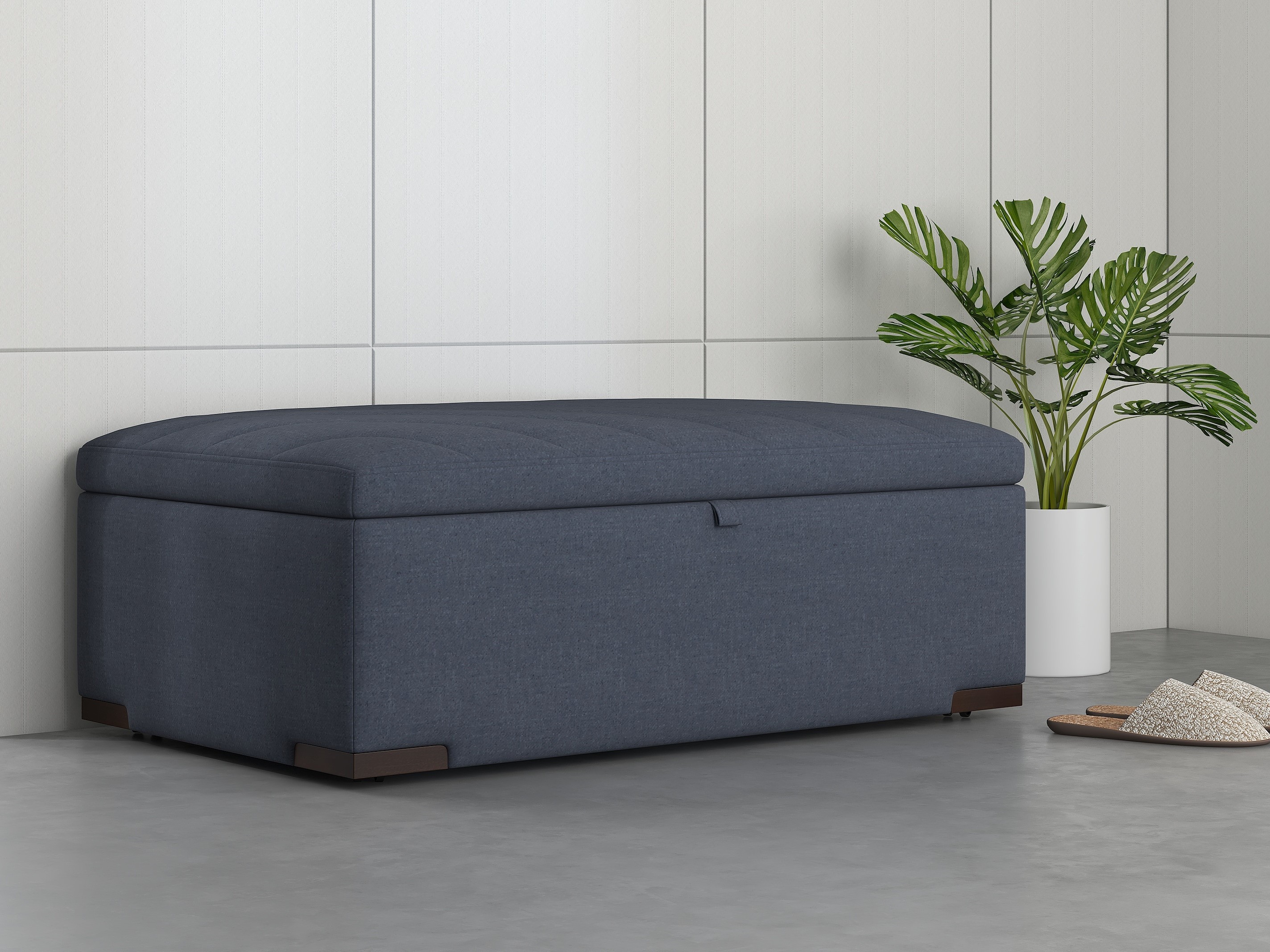 navy blue upholstered storage bench