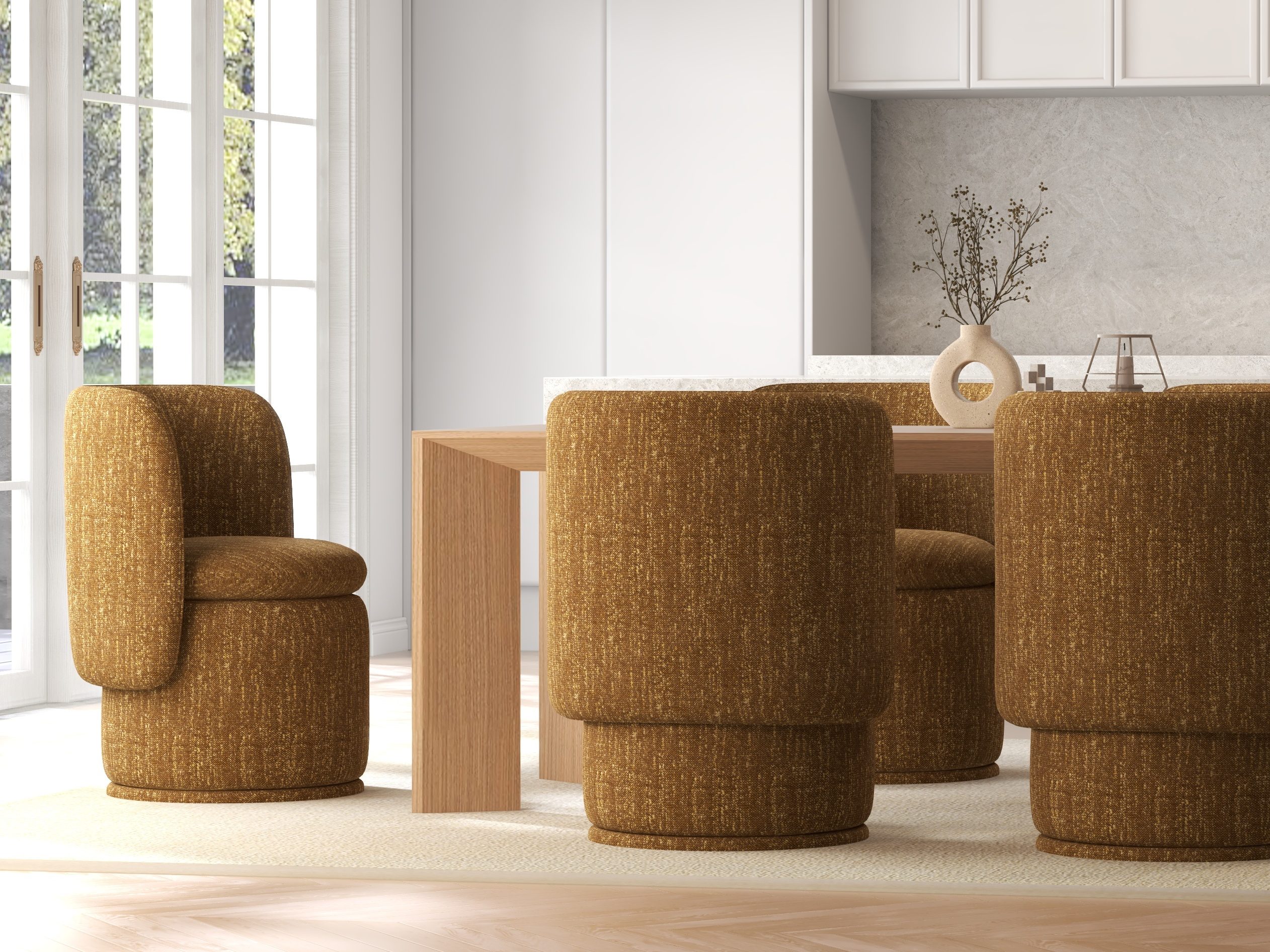 textured orange upholstered round dining chairs 