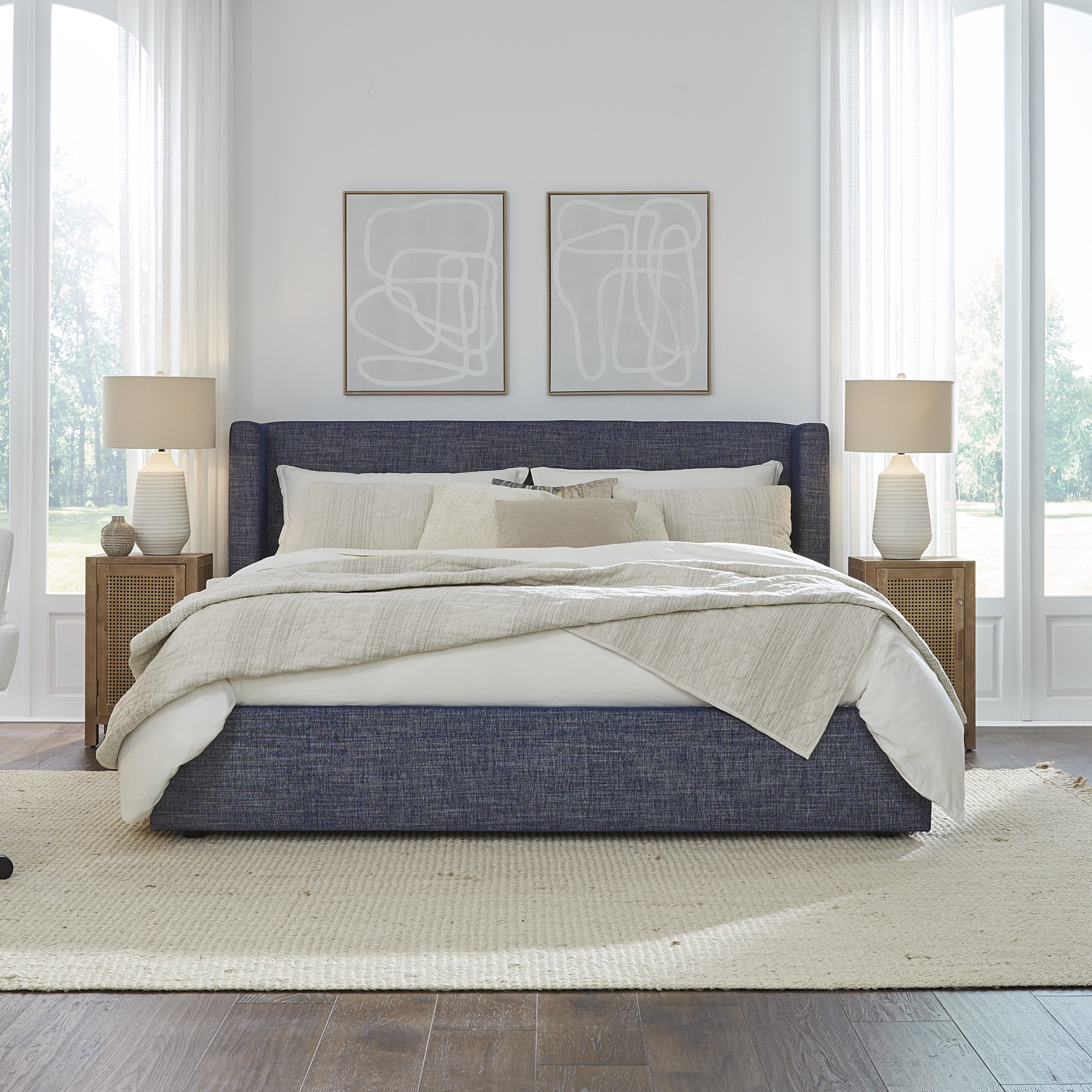 navy blue textured upholstered bed