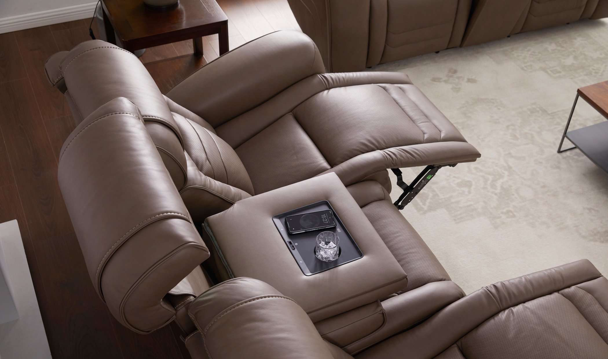 2 recliners with phone charger and cup holder 
