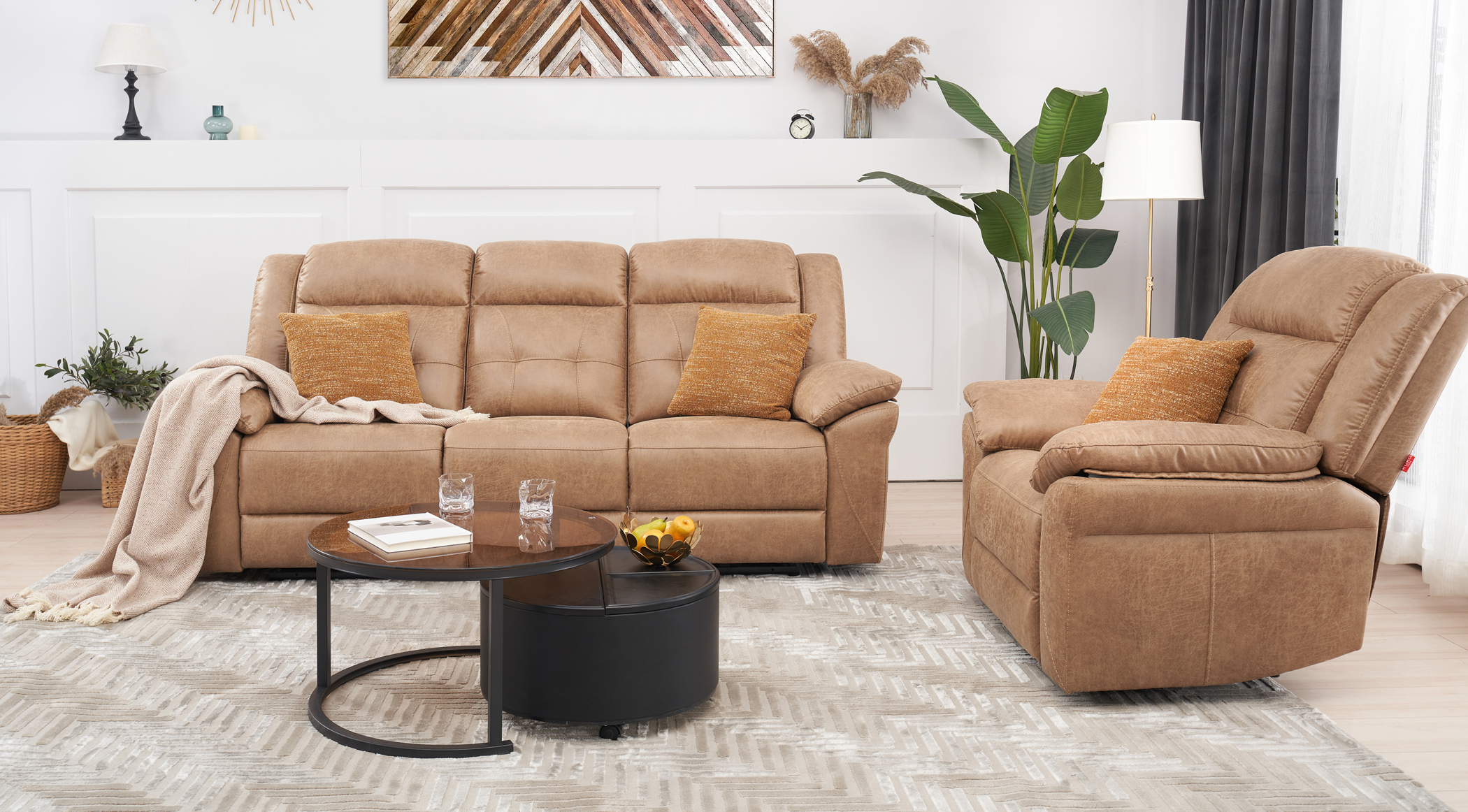 brown couch and brow recliner